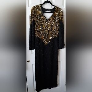 Vintage 1980's Scala Beaded Sequin Black and Gold Long Sleeve Maxi Dress Size PM